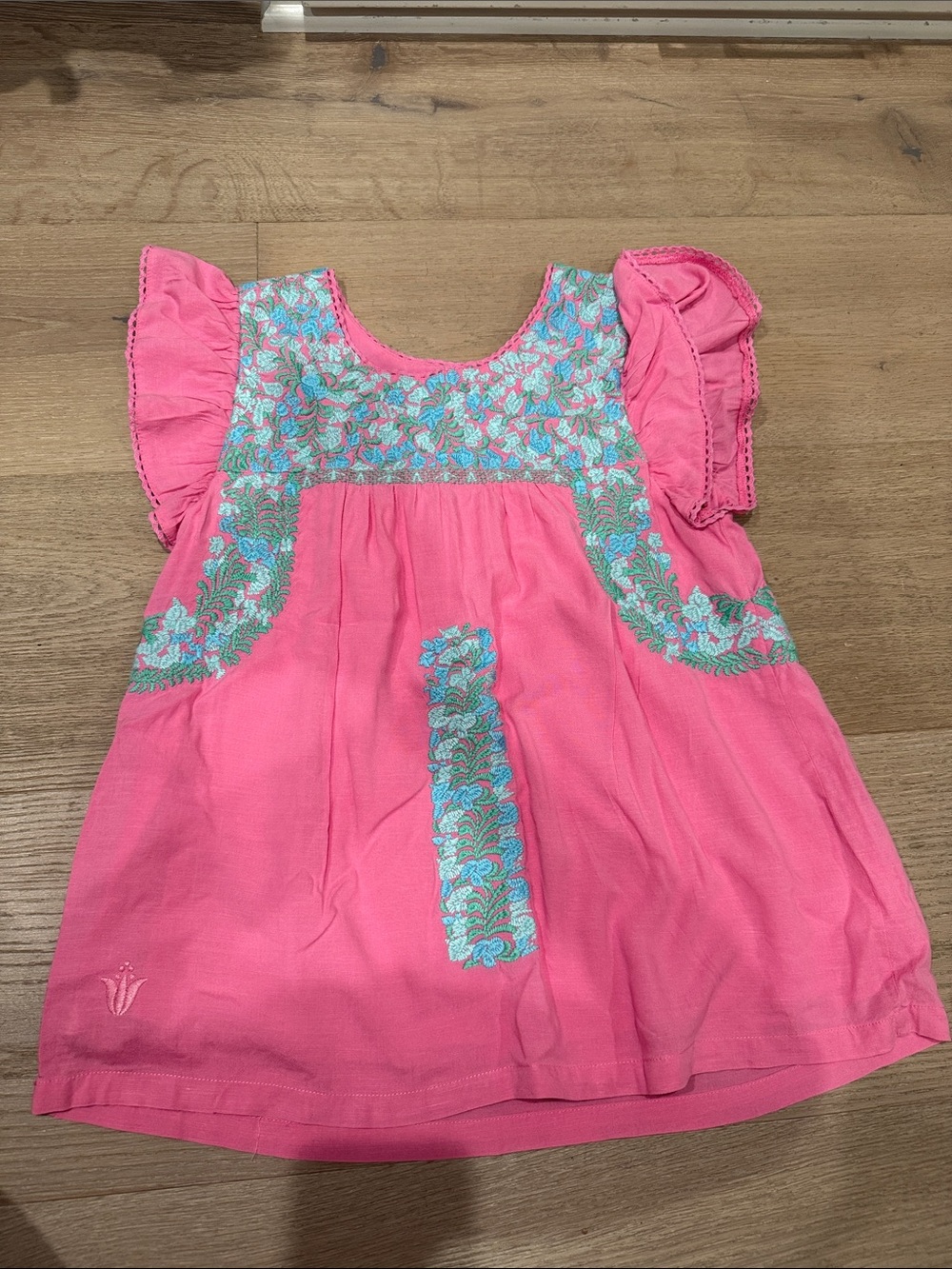 Pink Embroidered Flutter Sleeve Blouse